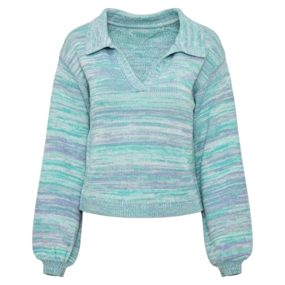 525 America Lattice Split Neck Collar Pull Over In Cyan Multi